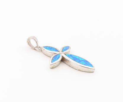925 Sterling Silver  Vintage Blue Fire Opal Religious Cross Pendant  PT18637
