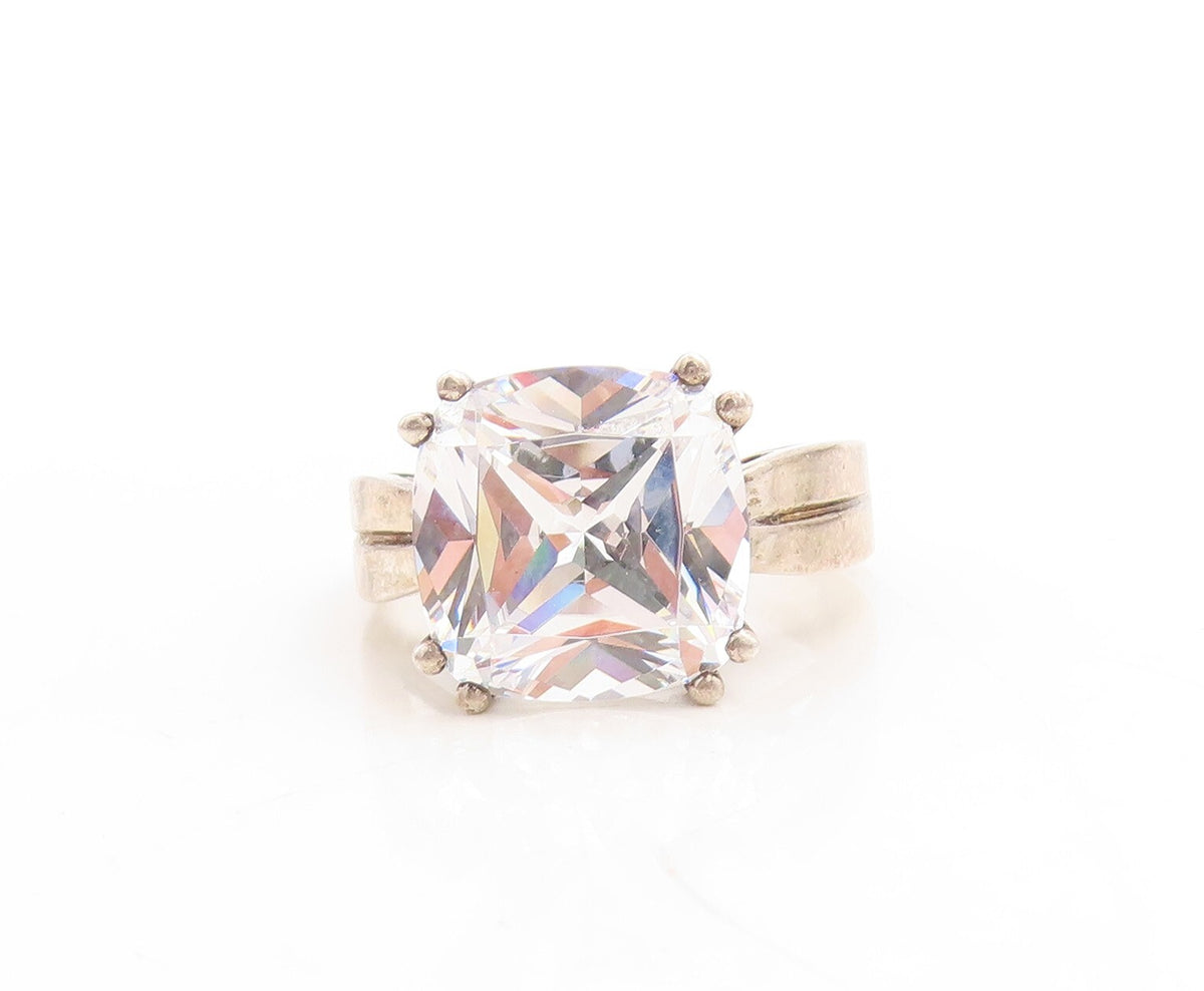 925 Sterling Silver Vintage Ring Minimalist Dark Tone Square Topaz  Sz 8 RG31630
