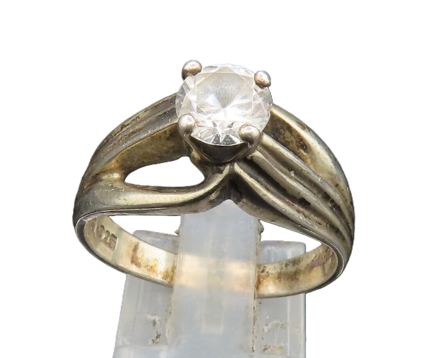 925 Silver  Vintage Cubic Zirconia Split Ribbed Shank Ring Sz 9  RG24593