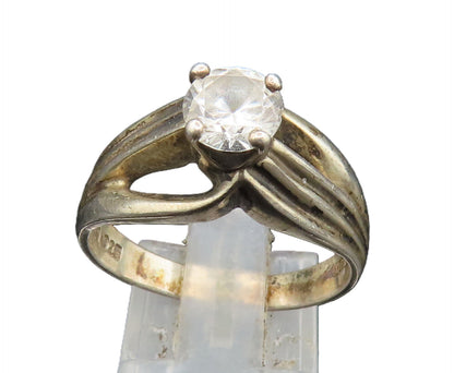 925 Silver  Vintage Cubic Zirconia Split Ribbed Shank Ring Sz 9  RG24593