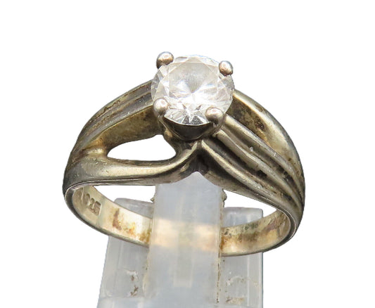 925 Silver  Vintage Cubic Zirconia Split Ribbed Shank Ring Sz 9  RG24593