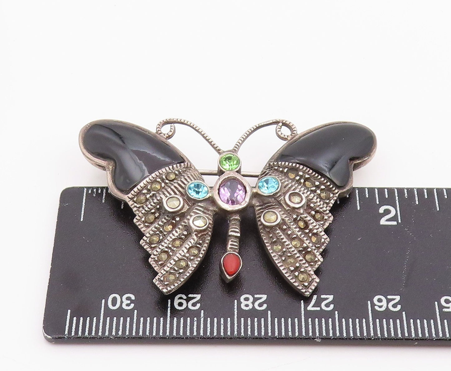 925 Sterling Silver Vintage Brooch Pin Multi Gemstone Classic Butterfly  BP12445