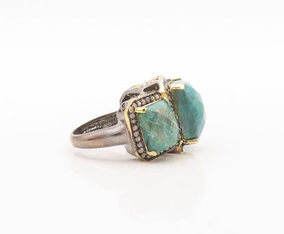 925 Sterling Silver Vintage Ring Diamonds & Rectangle Gemstone  Sz 6.5  RG30919