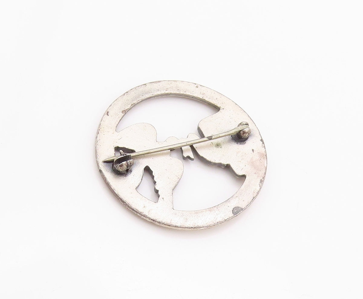 925 Sterling Silver Vintage Brooch Dark Tone Love Birds Sharing Food  BP11586