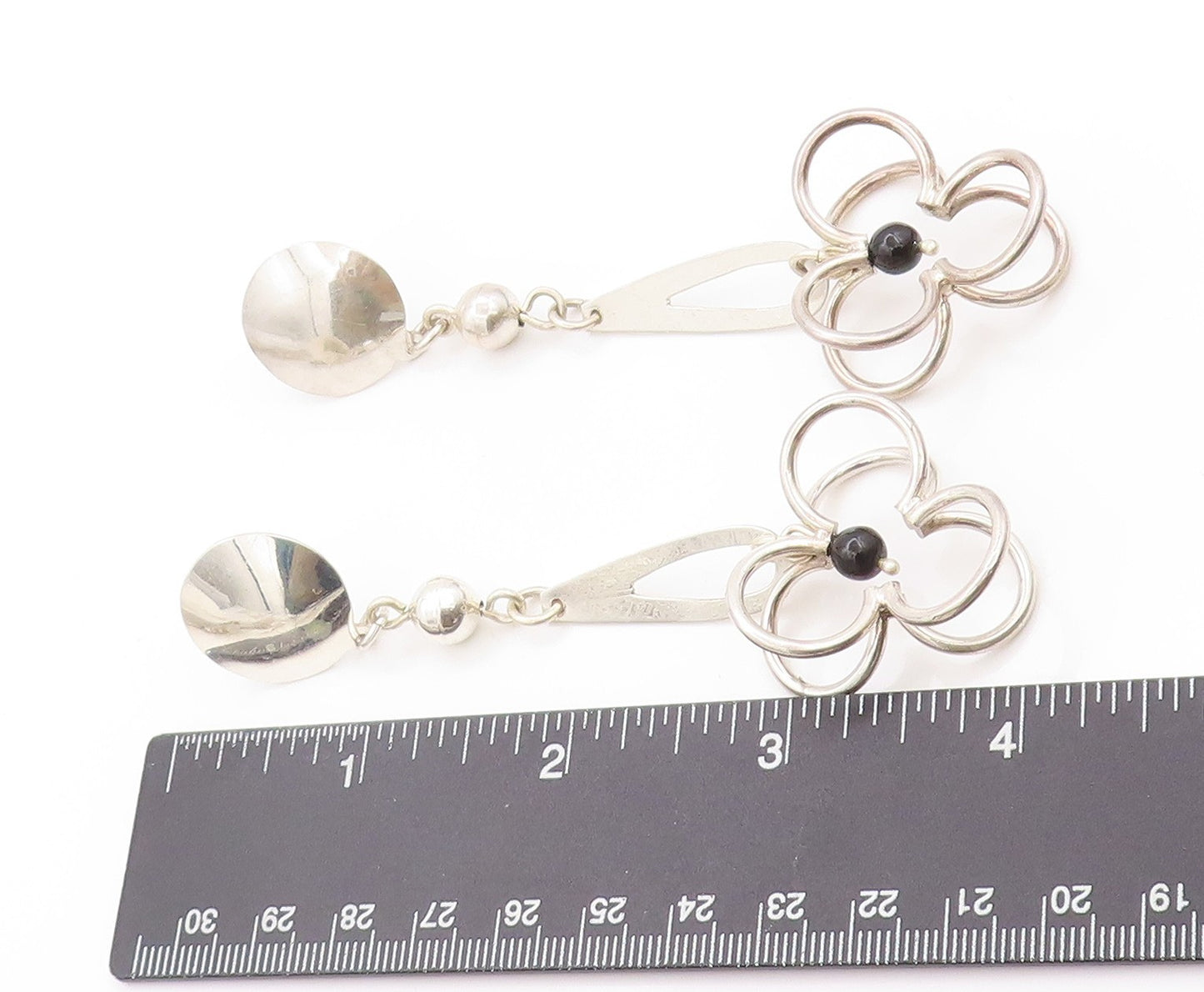 925 Sterling Silver Vintage Earrings MEXICO Modernist Drop Onyx Flower  EG13577