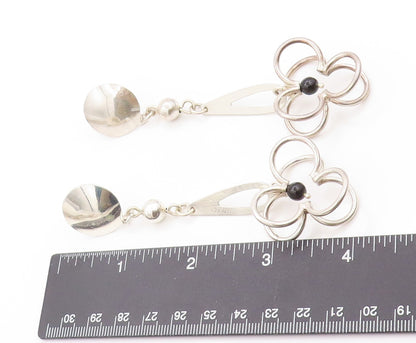 925 Sterling Silver Vintage Earrings MEXICO Modernist Drop Onyx Flower  EG13577