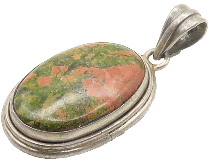 925 Sterling Silver  Vintage Cabochon Cut Unakite Oval Drop Pendant  PT11729