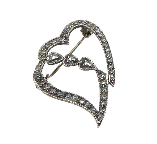 925 Sterling Silver  Vintage Marcasite Open Love Hearts Brooch Pin  BP3535