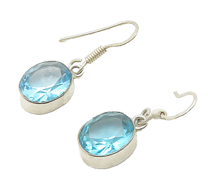 925 Sterling Silver  Vintage Faceted Blue Topaz Oval Drop Earrings  EG9503