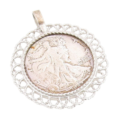 925 Sterling Silver Vintage Pendant Walking Liberty Coin Half Dollar  PT25935