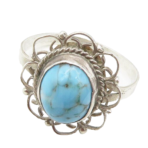 MEXICO 925 Silver  Vintage Turquoise Floral Twist Cocktail Ring Sz 8  RG17501