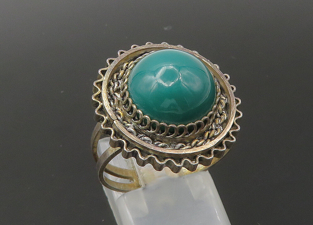 ISRAEL 925 Silver  Vintage Cabochon Green Onyx Cocktail Ring Sz 7.5  RG22623