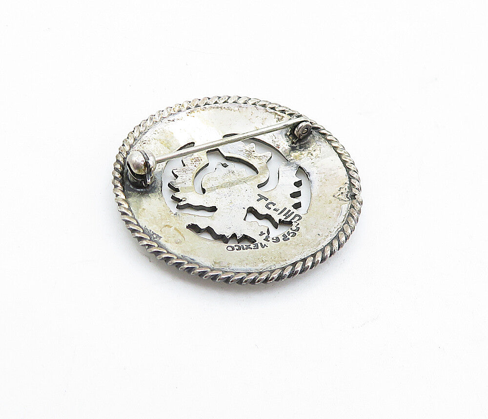 MEXICO 925 Sterling Silver  Vintage Etched Circle Pattern Brooch Pin  BP1827