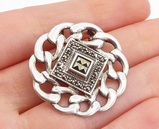 925 Sterling Silver  Vintage Marcasite Chain Linked Border Brooch Pin  BP1636