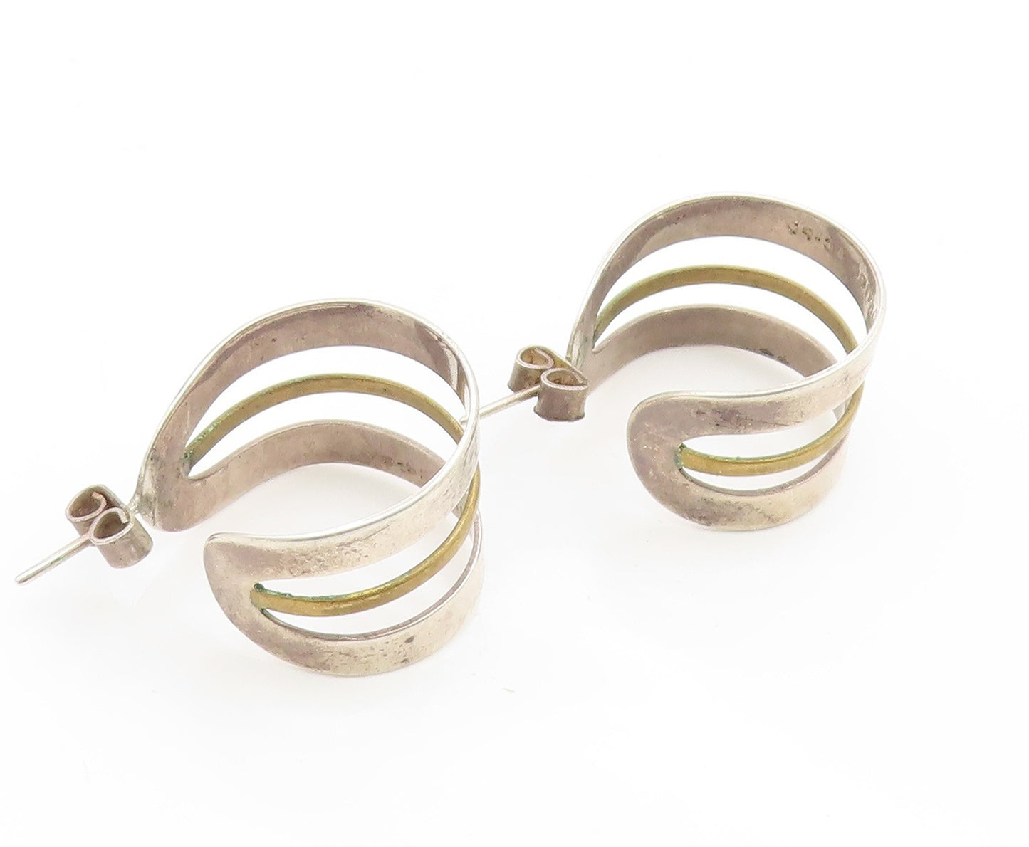 925 Sterling Silver Vintage Earrings MEXICO Classic Two Tone Coiled Hoop EG14186