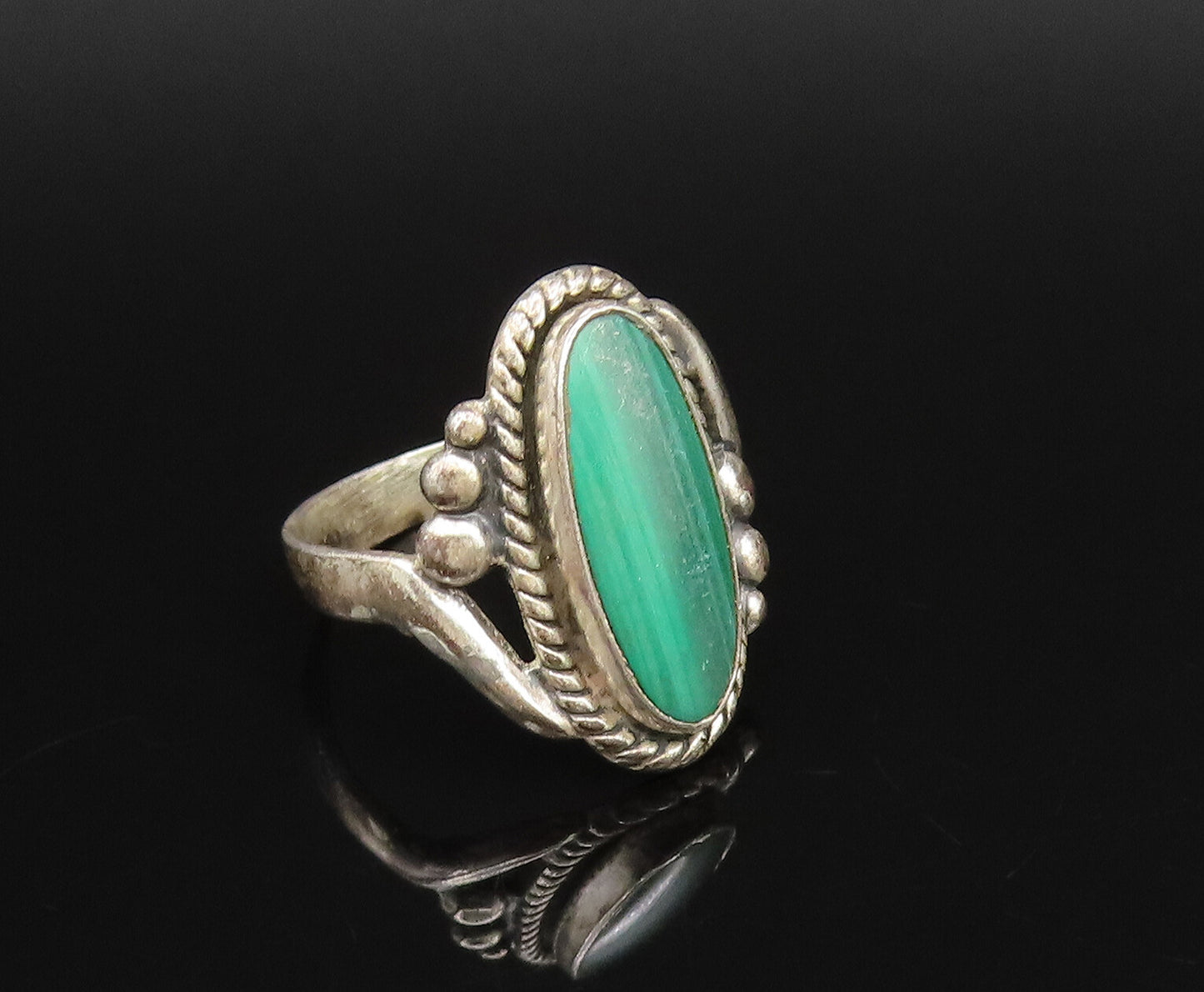 POST BELL 925 Silver  Vintage Dotted & Rope Border Malachite Ring Sz 6 RG25958