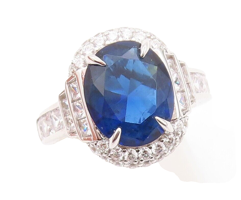 925 Sterling Silver Vintage Ring Oval Cut Sapphire Halo CZ Inlay  Sz 7 RG30507