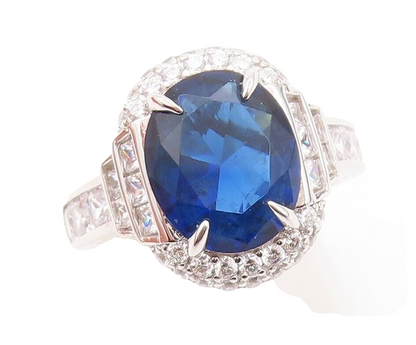 925 Sterling Silver Vintage Ring Oval Cut Sapphire Halo CZ Inlay  Sz 7 RG30507