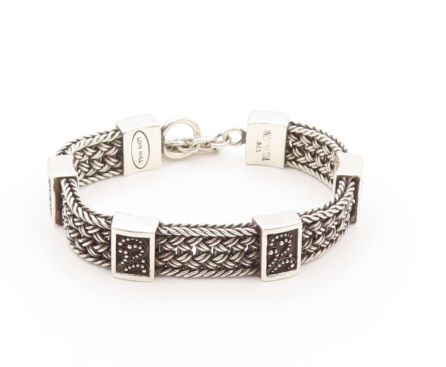 925 Sterling Silver Vintage Bracelet LOIS HILL Dark Tone Carved Chain  BT11175