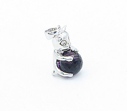 925 Sterling Silver  Amethyst Sphere & Topaz Accent Teddy Bear Pendant  PT2768