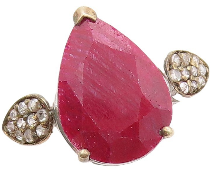 925 Sterling Silver Vintage Ring Diamonds & Drop Cut Ruby  Sz 8  RG30767
