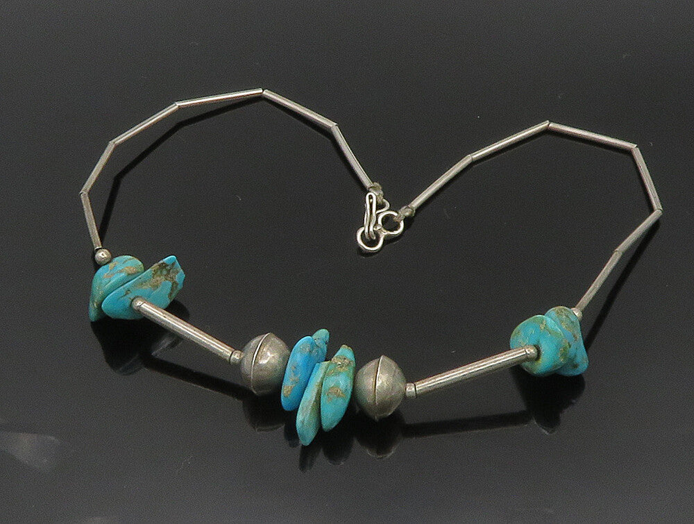 925 Sterling Silver  Vintage Bead Detail Turquoise Collar Necklace  NE3785