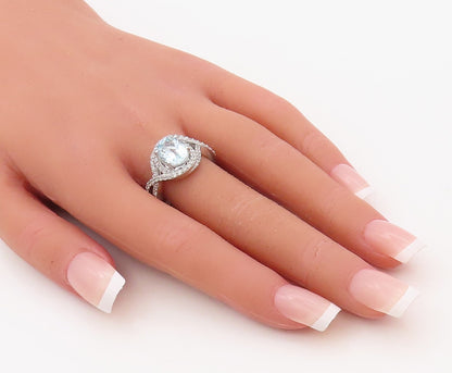 925 Sterling Silver Vintage Ring Designer Oval Blue Halo White CZ  Sz 8  RG30621
