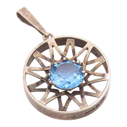 EUROPEAN 925 Sterling Silver  Vintage Blue Topaz Modernist Pendant  PT18783