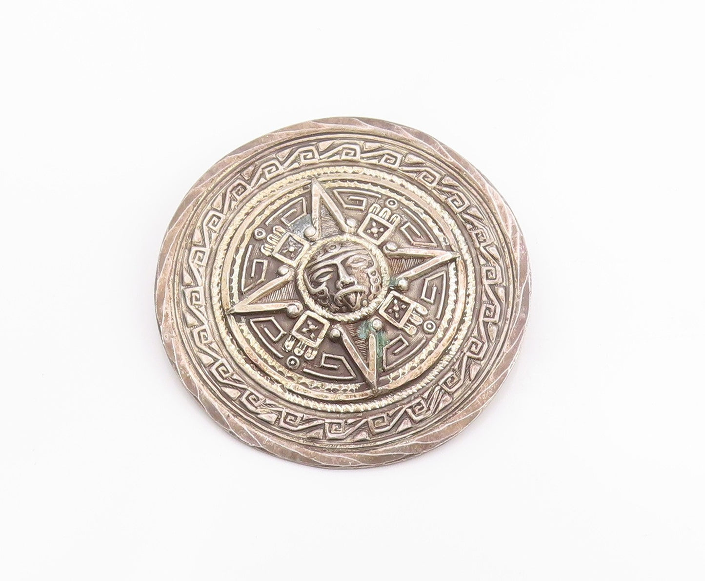 925 Sterling Silver Vintage Brooch MEXICO Circular Aztec Mayan Calendar  BP11814
