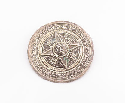 925 Sterling Silver Vintage Brooch MEXICO Circular Aztec Mayan Calendar  BP11814