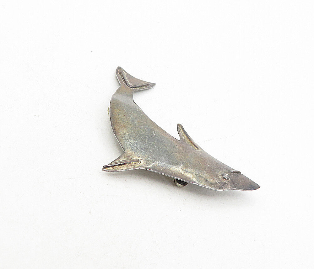 925 Sterling Silver  Vintage Oxidized Leaping Dolphin Motif Brooch Pin  BP3075