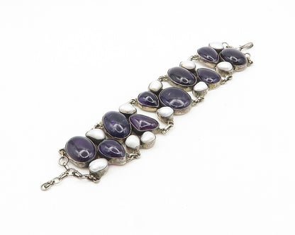 925 Sterling Silver  Vintage Amethyst & Mother Of Pearl Chain Bracelet  BT7290
