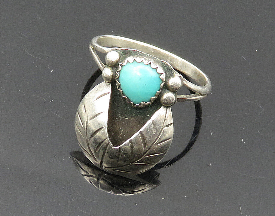 NAVAJO 925 Silver  Vintage Turquoise Floral Leaf Band Ring Sz 6.5  RG17497