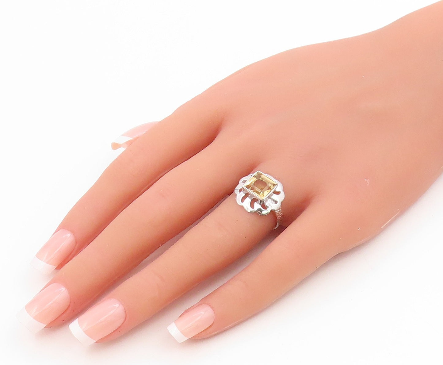 925 Sterling Silver Vintage Ring Modernist Citrine Floral Cutout  Sz 7  RG36175