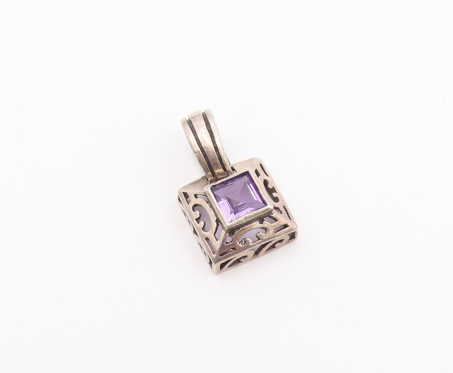 925 Sterling Silver  Vintage Amethyst Cutout Square Dome Pendant  PT17412