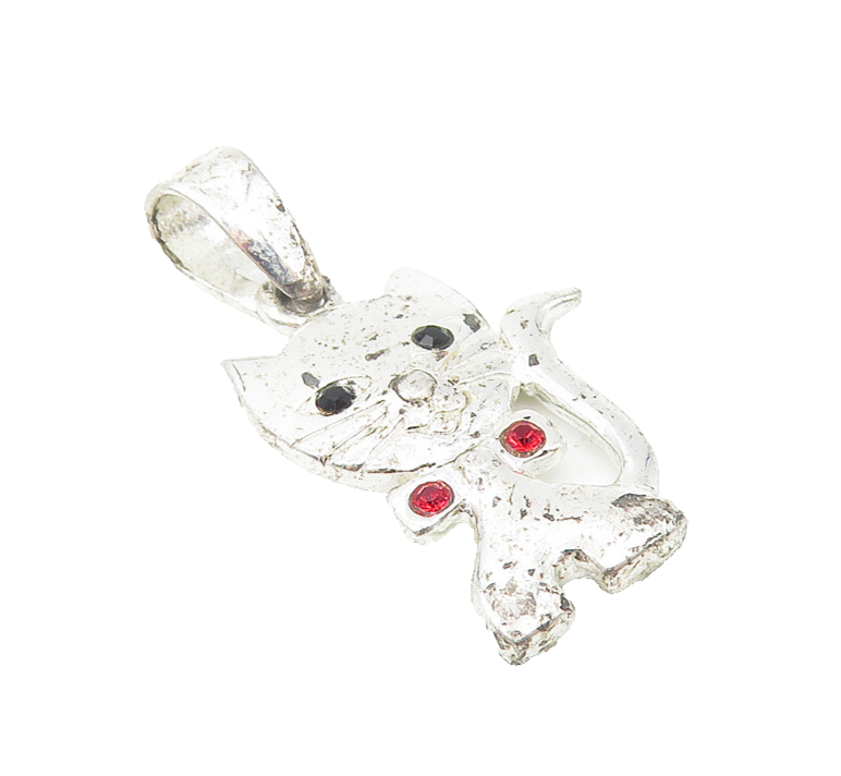 925 Sterling Silver  Black Hematite & Red Topaz Cat Motif Pendant  PT9306