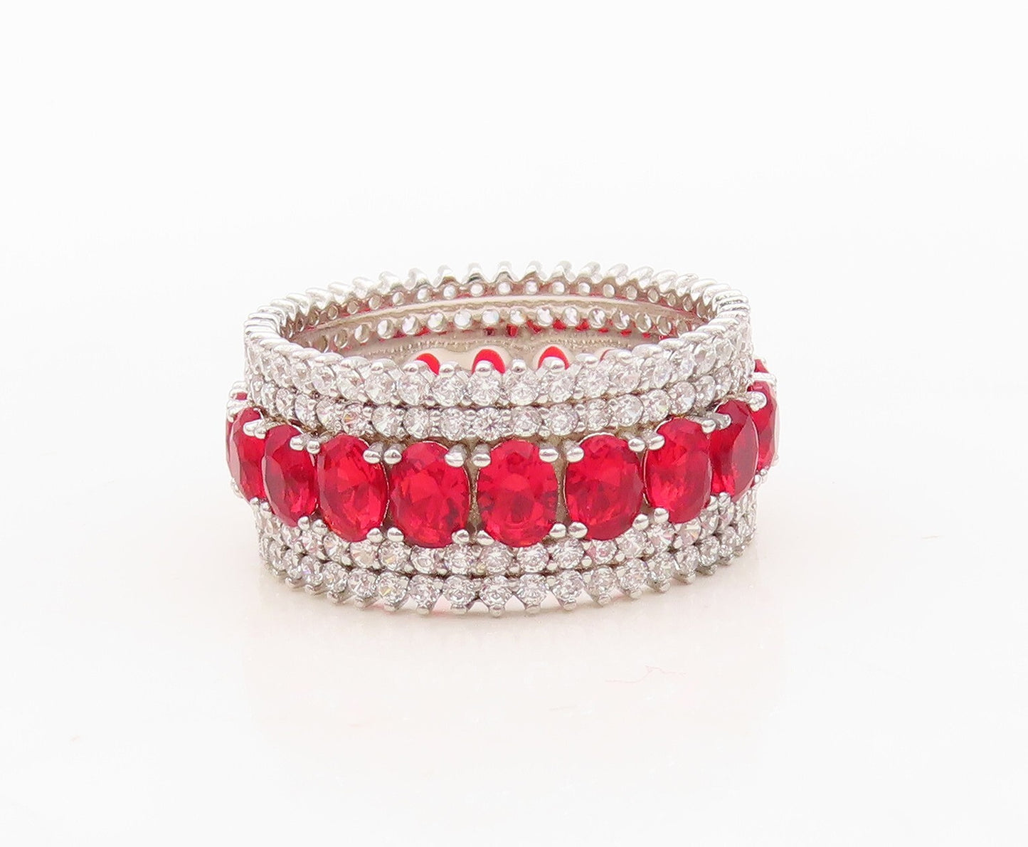 925 Sterling Silver Vintage Ring Oval Cut Red & White CZ 360 Band  Sz 7  RG30499