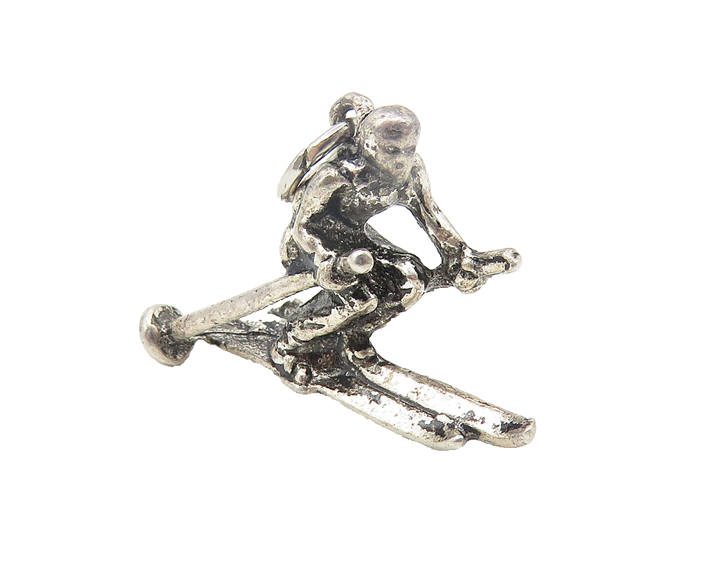 925 Sterling Silver  Vintage Petite Dark Tone Skiing Man Sports Pendant PT8942