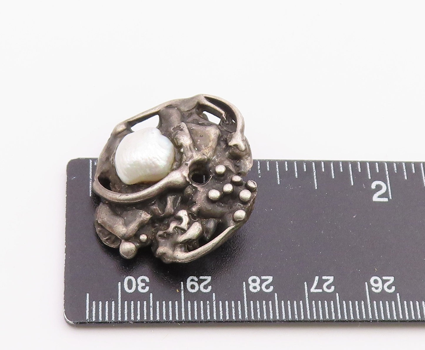 925 Sterling Silver  Vintage Shiny Pearl Brutalist Sculpted Brooch Pin  BP7831