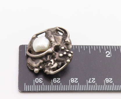 925 Sterling Silver  Vintage Shiny Pearl Brutalist Sculpted Brooch Pin  BP7831