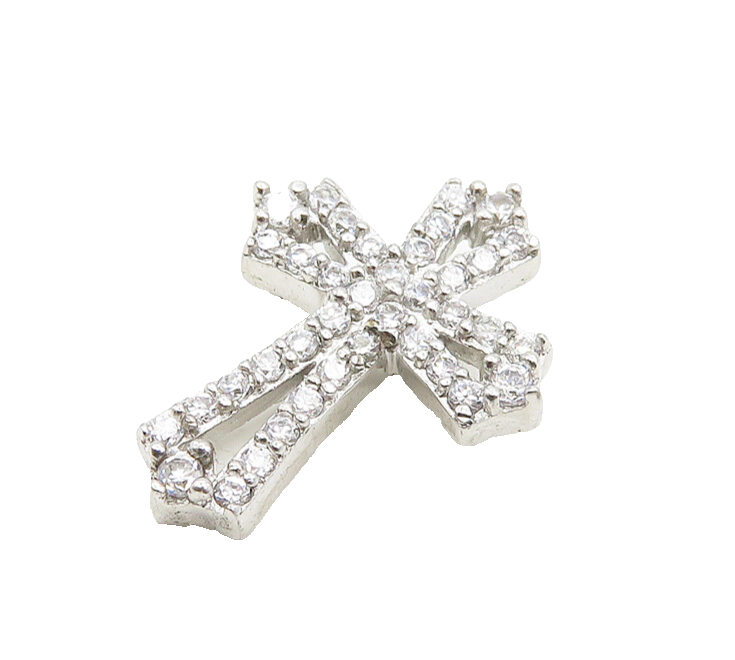 925 Sterling Silver  Shiny White Topaz Religious Cross Drop Pendant  PT14353