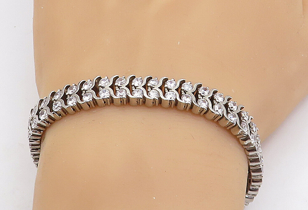 925 Sterling Silver  Vintage Cubic Zirconia Two Row Chain Bracelet  BT2364