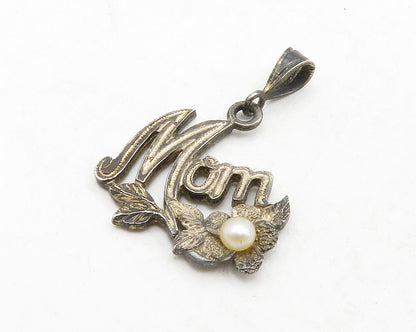 925 Sterling Silver  Vintage Petite Pearl Mom Floral Vine Pendant  PT10538