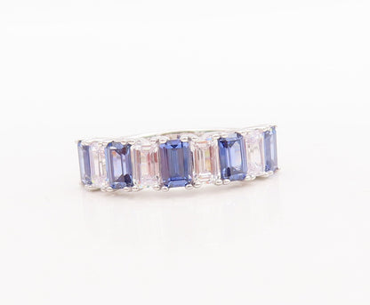 925 Sterling Silver Vintage Ring Emerald Cut Blue & White CZ Band  Sz 7  RG29548