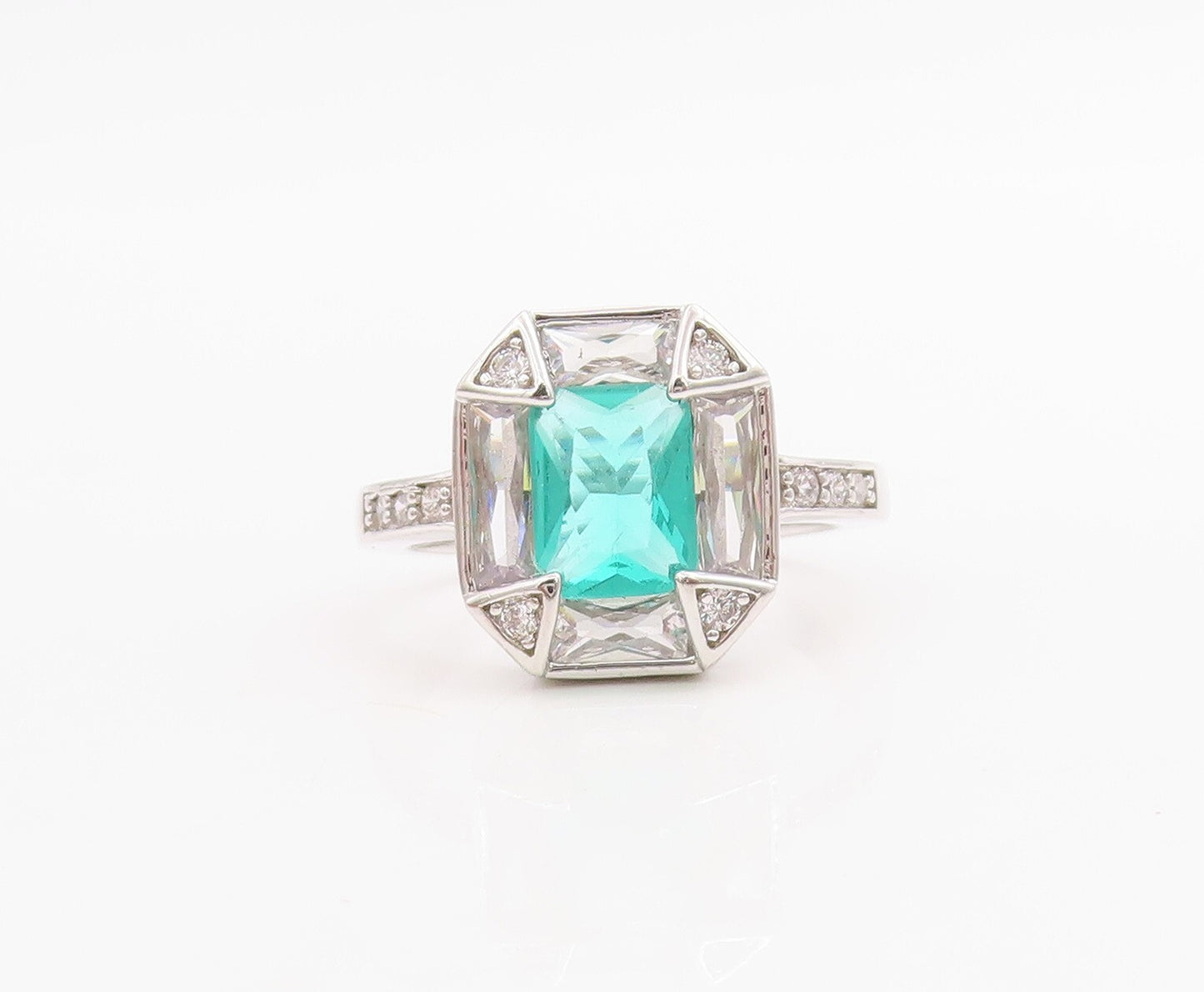 925 Sterling Silver Vintage Ring Rectangle Sea Green & White CZ  Sz 7.5  RG30706
