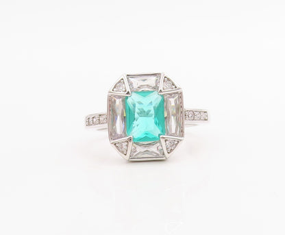 925 Sterling Silver Vintage Ring Rectangle Sea Green & White CZ  Sz 7.5  RG30706