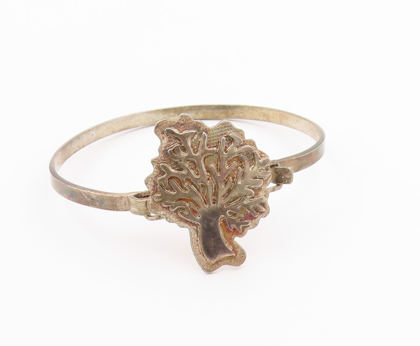 925 Sterling Silver Vintage Carved Tree Of Life Hooked Bangle Bracelet BT9654
