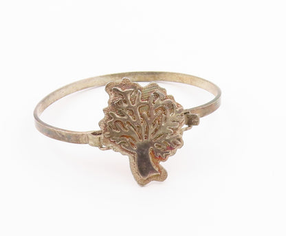 925 Sterling Silver Vintage Carved Tree Of Life Hooked Bangle Bracelet BT9654