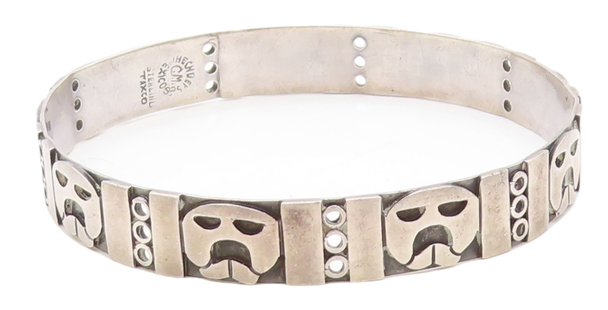 CM MEXICO 925 Sterling Silver Vintage Face Pattern Bangle Bracelet  BT3036