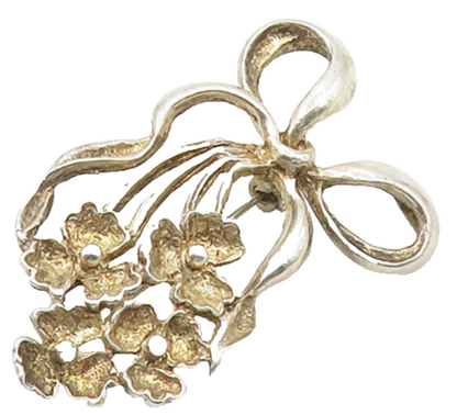 925 Sterling Silver  Vintage Shiny Ribbon Tied Flowers Brooch Pin  BP6158
